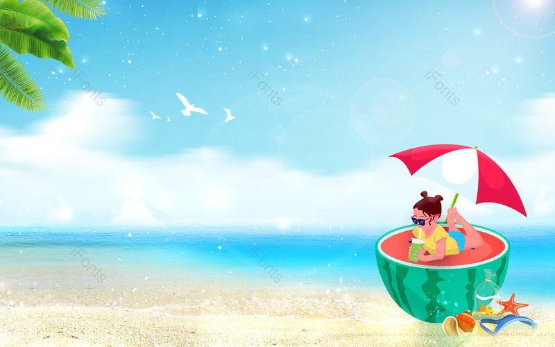 卡通手绘夏天沙滩夏日西瓜主题背景,插画/手绘图,插画/手绘图库,插画/手绘图下载,插画/手绘